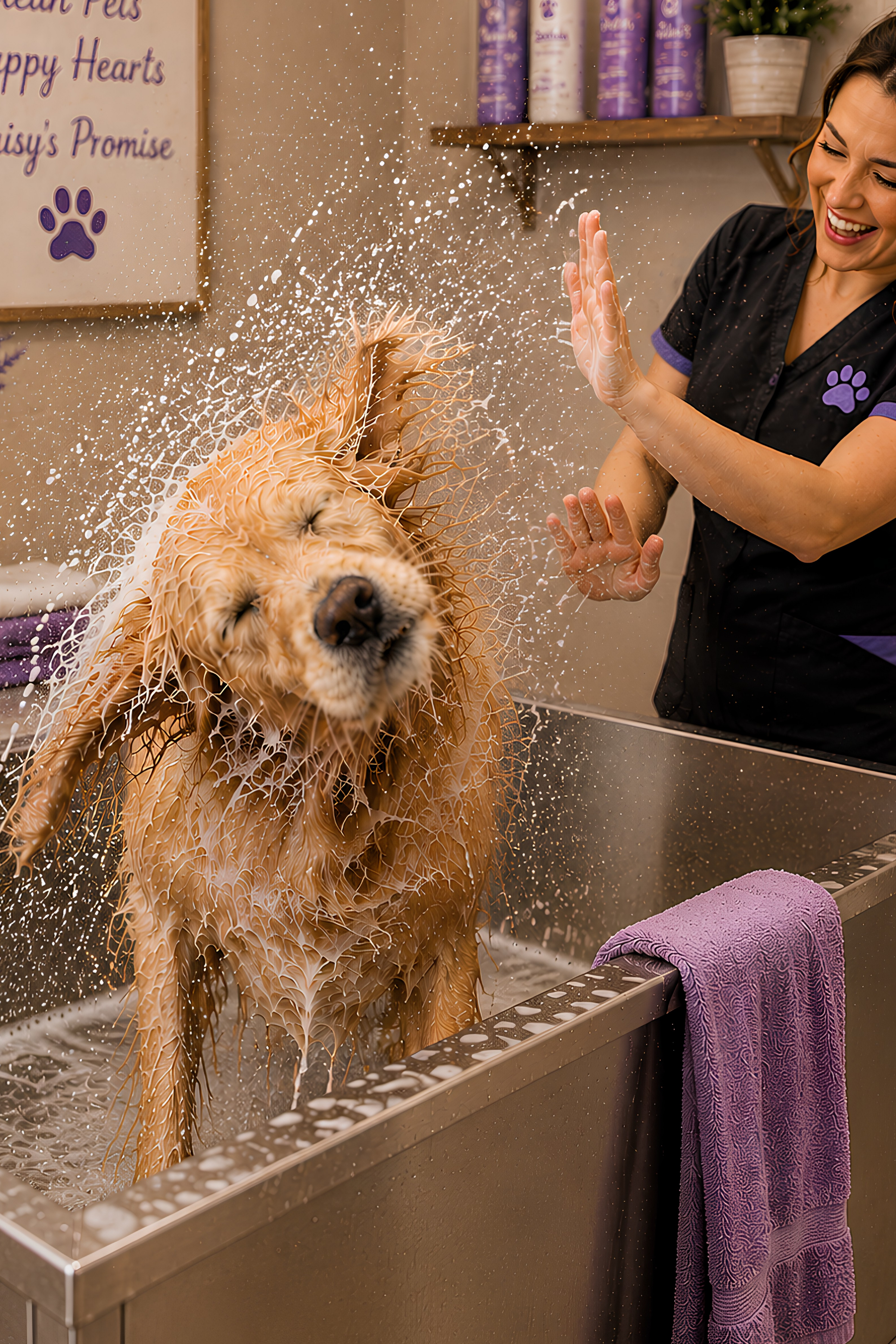 Dog enjoying a luxury bath and brush.